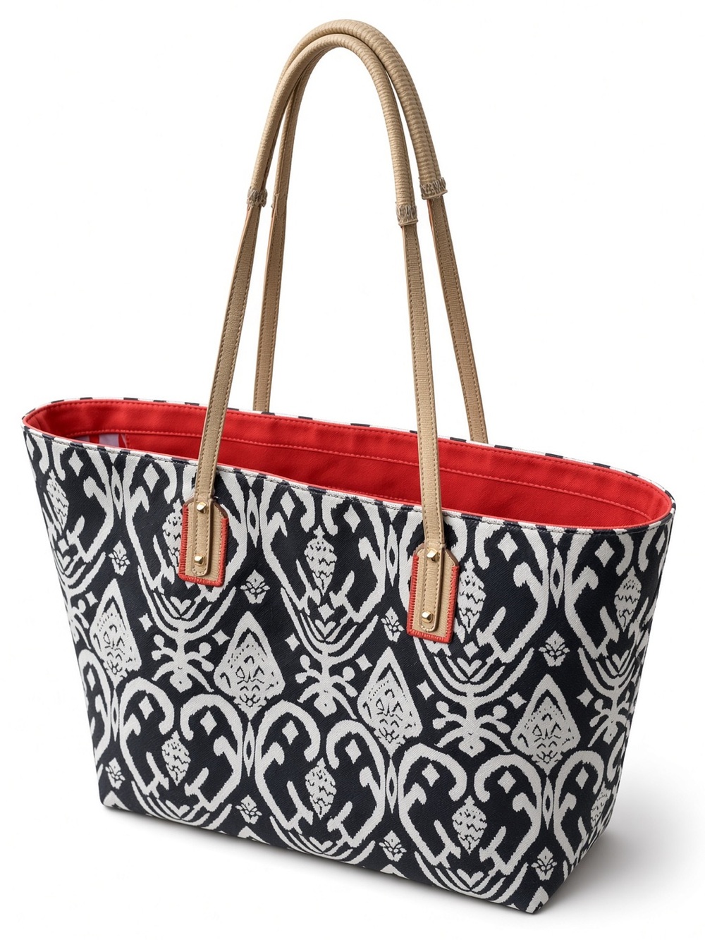 Stella & Dot Black Cream Ikat Large Tote Red & White Lining Tassel